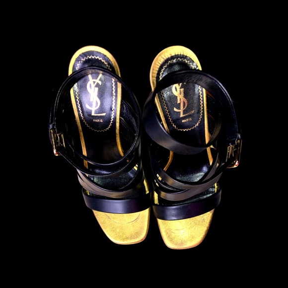 Yves Saint Laurent Montaig Leather 105 Strappy Sandal Platform Heels Nero/Gold - Picture 5 of 11